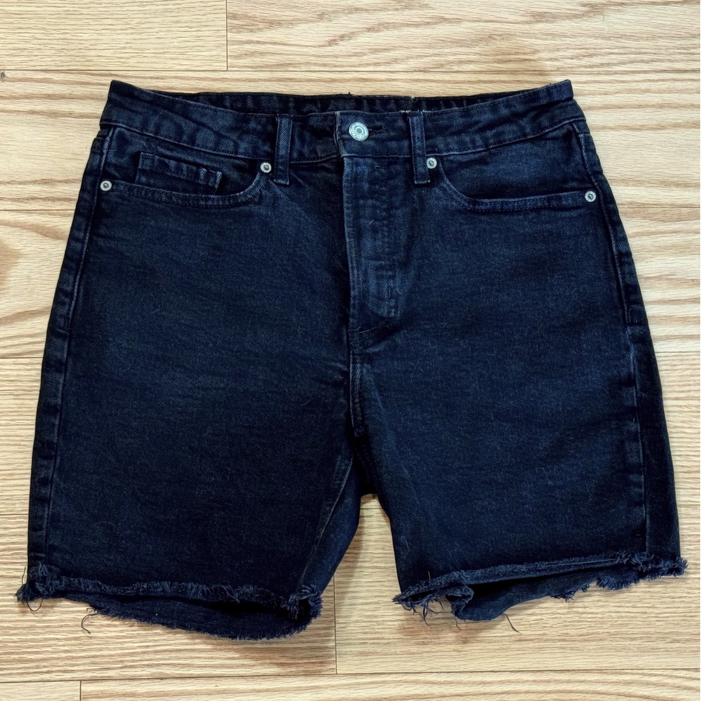 FRANK AND OAK mid thigh high waisted black denim shorts